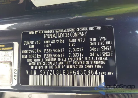 2017 Hyundai Santa Fe Sport 2.4L z USA, uszkodzony, nr VIN 5XYZU3LB3HG430864